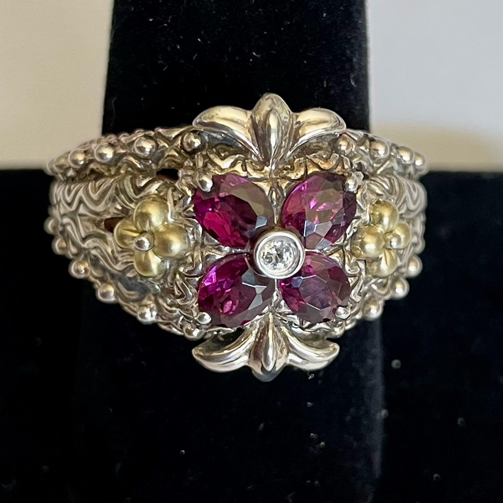 Barbara Bixby - Ss 18k Gold Rhodolite Garnet White Topaz Ring 166$